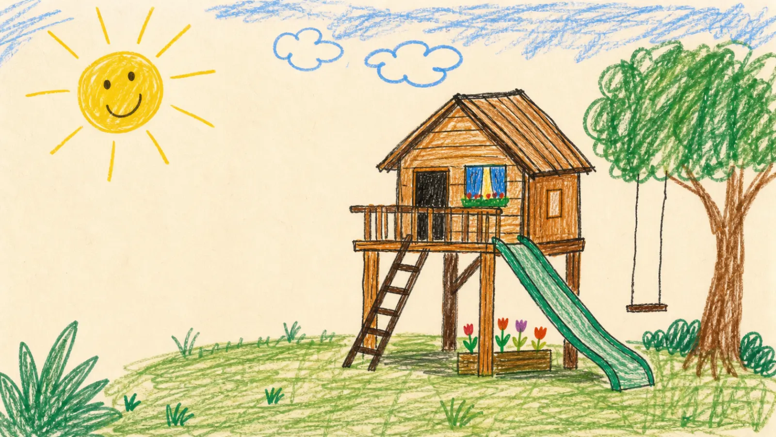 Desenho infantil de uma criança imaginando sua casinha no quintal